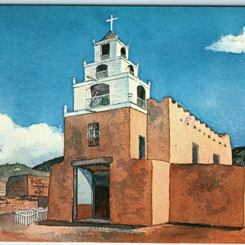 c1970s Santa Fe, NM San Miguel Church Watercolor Art Dawley Chrome Postcard A319