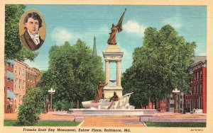 Vintage Postcard 1940 Francis Scott Key Monument Eautaw Place Baltimore Maryland