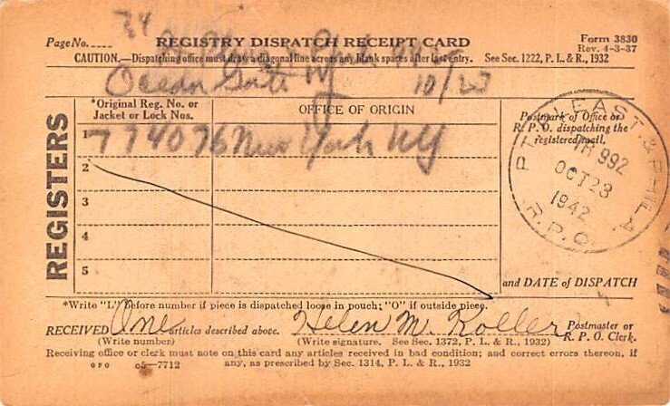 Registry Dispatch Receipt Card Mail Related 1942 