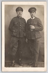 WWI Military Two European Soldiers in Uniform RPPC Portrait Postcard M32