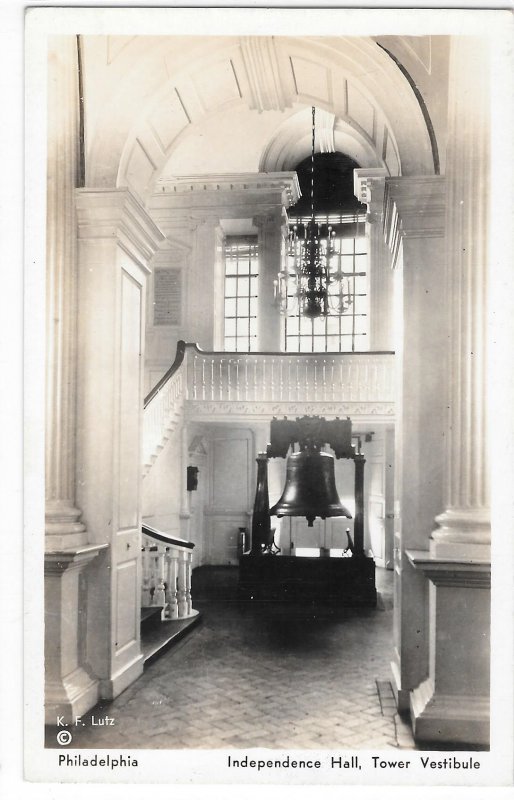 Independence Hall Tower Liberty Bell Philadelphia PA 1937 K F Lutz Postcard