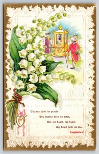 Longfellow~Heart Hath Its Love~Lily Of Valley~Sedan Chair~Lace~Gold~Emb~Vtg PC