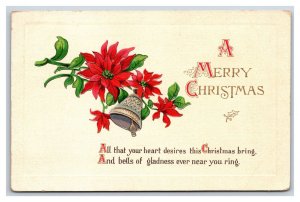Poinsettia Flowers Bell Merry Christmas Gilt  Embossed DB Postcard O18
