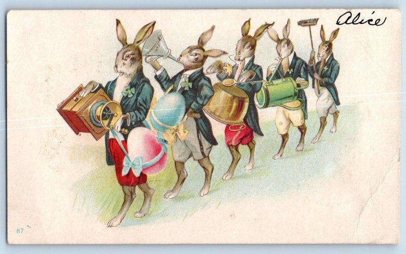 Easter Postcard Anthropomorphic Rabbits Eggs With Instrument 1907 Antique Posted