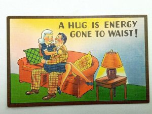 Vintage Postcard A Hug is Energy Gone to Waist! Comic Funny Man & Woman on Couch