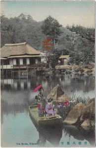 Women in Boat Tea House Hakone Japan Hand-Colored Postcard Early 1900s