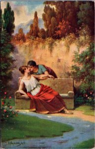 Romantic Couple On A Bench Kissing Vintage Postcard 09.96