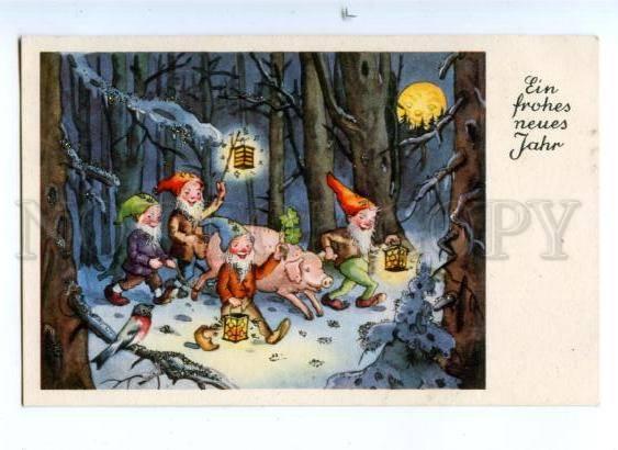176681 NEW YEAR Smile MOON & GNOME Pig Vintage PC w/ APPLIQUE