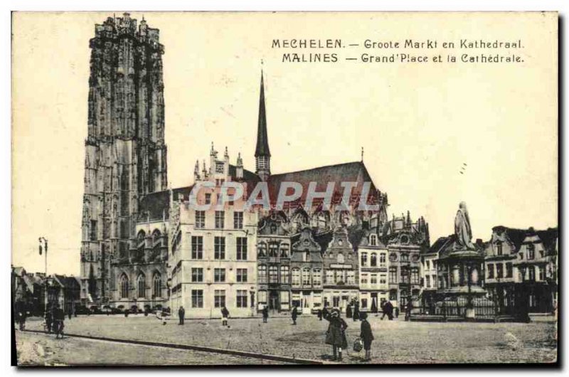 Old Postcard Mechelen Grand Place and Cathedral