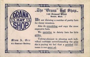 Boston MA 149 Tremont Street The Orana Hat Shop Advertising Postcard