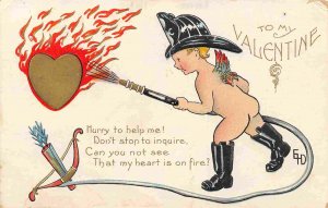 Valentine Greetings Heart on Fire Fireman Boy 1910c postcard