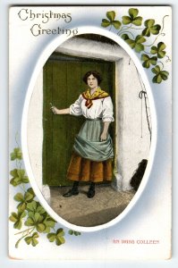 Christmas Postcard Greetings An Irish Colleen Women At Door Shamrocks Scotland