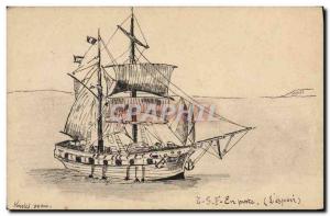 Old Postcard Boat (drawing hand) Based in L & # 39Espoir