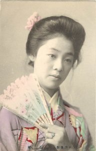 UDB Hand-Colored Postcard Beautiful Japanese Woman w. Ivory & Silk Fan, Yamaka