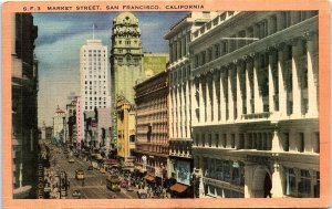 1930s SAN FRANCISCO CALIFORNIA MARKET STREET TROLLEYS BANK LINEN POSTCARD 42-204