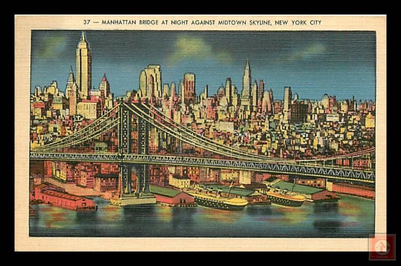 Manhattan Bridge at Night Against Midtown Skyline, NYC