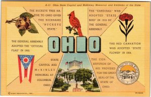 postcard Ohio State Capitol and McKinley Memorial and Emblems of the State