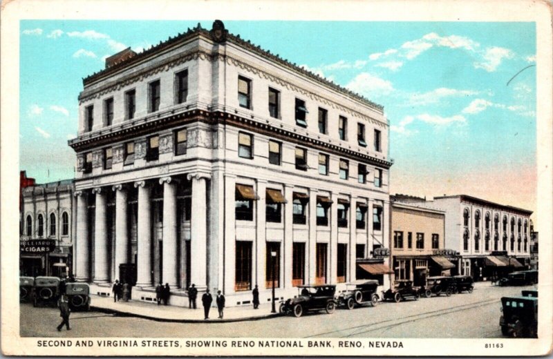 Postcard Second and Virginia Streets, Showing Reno National Bank in Reno, Nevada