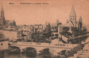 VINTAGE POSTCARD PANORAMIC VIEW CHURCH & MIDDLE STONE BRIDGE AT BENSHEIM GERMANY