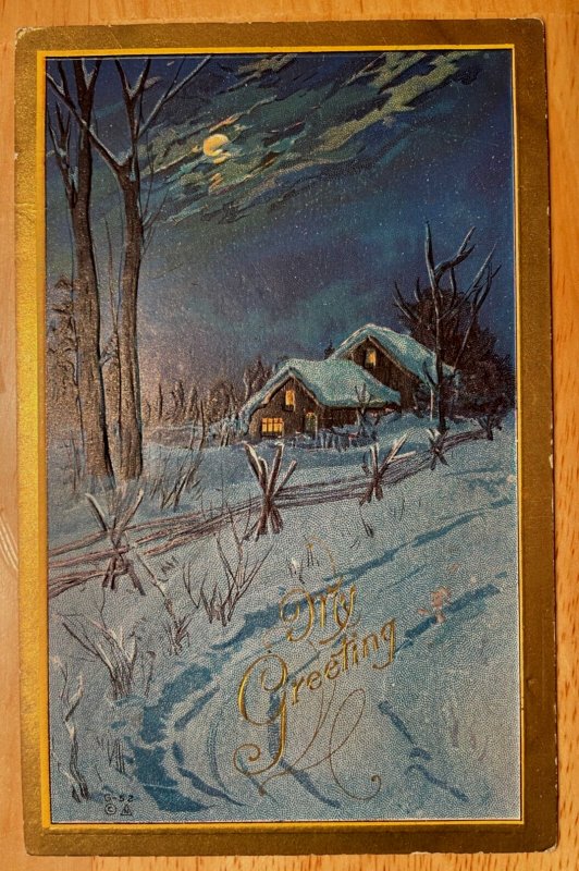 Vintage Victorian Postcard 1910 My Greeting - Blue Winter Scene