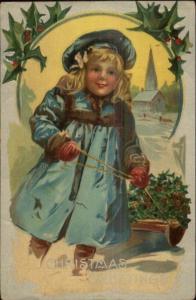 Christmas - Little Girl w/ Sled Gathers Holly Silver Border c1910 Postcard