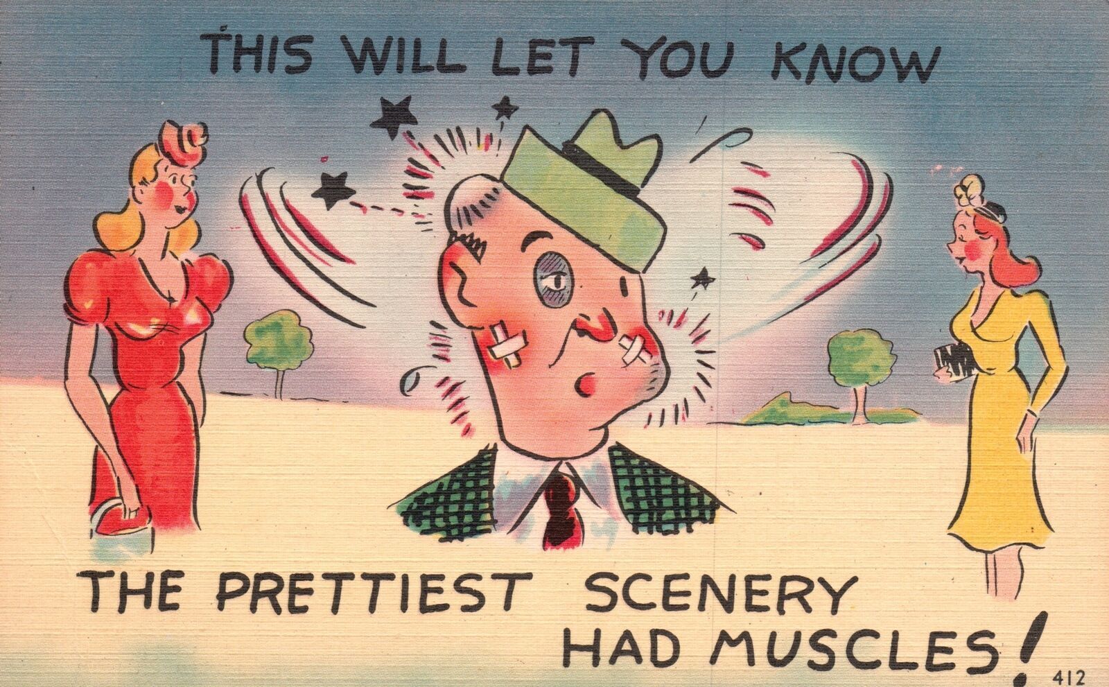 Vintage Postcard 1930s The Prettiest Scenery Had Muscles Bruised Face Comics Other 