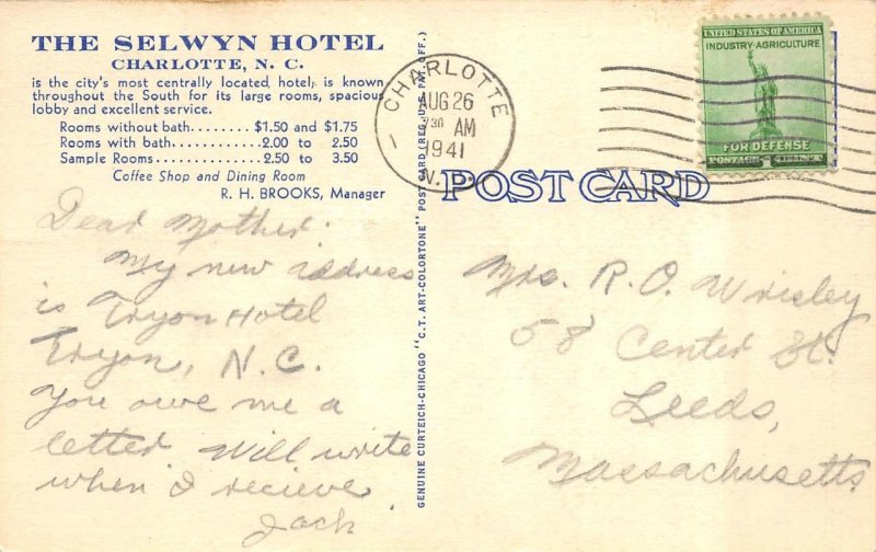 Charlotte NC North Carolina   SELWYN HOTEL   1941 Curteich Linen Postcard