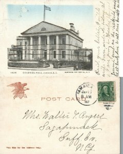 JAMAICA LONG ISLAND N.Y COLONIAL HALL 1907 UNDIVIDED ANTIQUE POSTCARD CORK STAMP