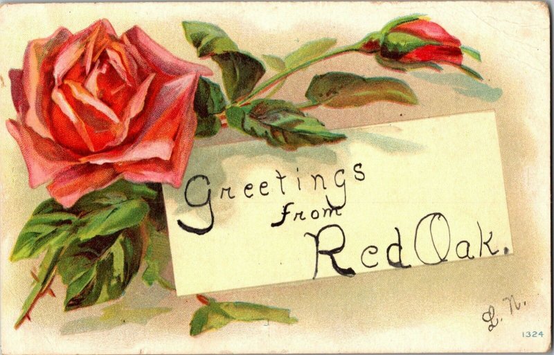 Pink Rose, Greetings from Red Oak IA Linen c1908 Vintage Postcard C29