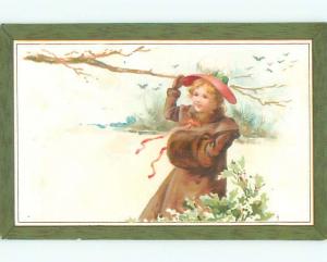 Unused Pre-1907 CUTE GIRL GRABS HER HAT ON WINDY DAY k6825