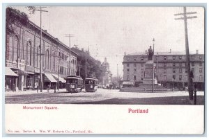 c1905 Monument Square Statue Trolley Railway Store Building Portland ME Postcard