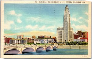 Columbus Ohio OH, 1939 Municipal Buildings, and A.I.U. Citadel, Vintage Postcard