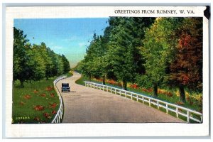 Romney West Virginia WV Postcard Greetings Road Car Scene c1930's Vintage