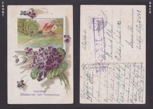 Germany postcard 1918 violets rural house name day greetings WWI Feldpost