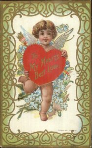 Cupid w/ Big Hearts Green & Gold Border c1910 Valentine Postcard