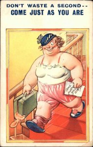 Woman Comic Fat Tramp Wearing Lingerie Going to Meet Man 1920s-30sPostcard