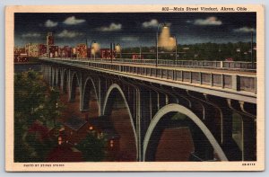 Main Street Viaduct Akron Ohio OH Highway Bridge Scenic Night View  Postcard