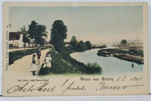 Gruss aus GORLITZ View of Children Along Water 1901 Hennersdorf  Postcard L6