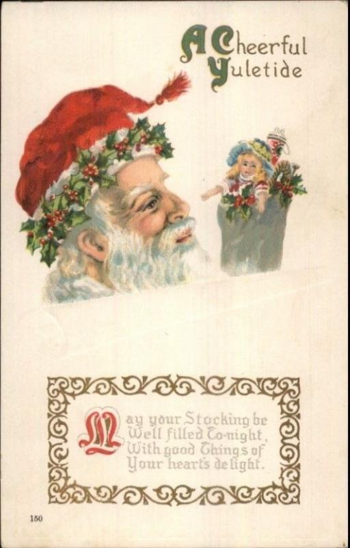 Christmas - Santa Claus' Face Stocking of Toys c1910 Postcard Version #1