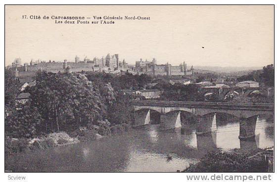 Cite de Carcassonne, Vue Generale Nord-Ouest Les deux Ponts sur l'Aude,  Fran...