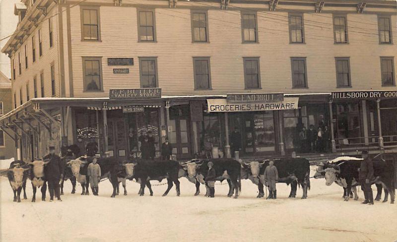 Hillsboro NH Storefronts Oxen Lawyers Office in 1911 Real Photo Postcard