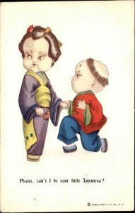 Japanese Comic Series 2 of 3 Boy on Knees Before Pretty Girl Vintage Postcard