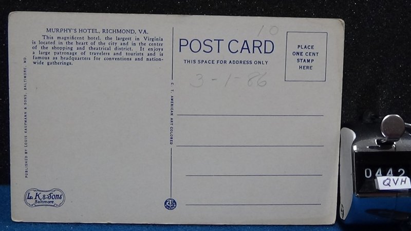 STD Vintage Murphys Hotel Richmond Virginia Unposted Razed 2007