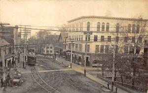 Sanford ME Central Square Storefronts Trolley 1910 RPPC