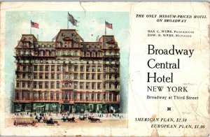 1910s Broadway Central Hotel New York City NY Postcard