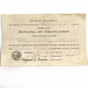 1940 Empire Union Elementary School Stanislaus County, CA - 8th Grade Diploma