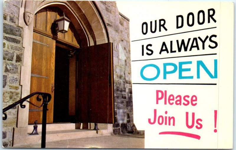 Postcard - Church Door - Our Door is Always Open, Please Join Us!