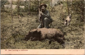 Bear Hunting in California, Hunter with Dog and Bear Vintage Postcard Y67