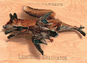 1880s PROF. PARRET'S LIGHTNING ERADICATOR DUCK FOX VICTORIAN TRADE CARD P310