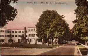 Hand Colored Postcard Worthy Inn and Main Street in Manchester, Vermont